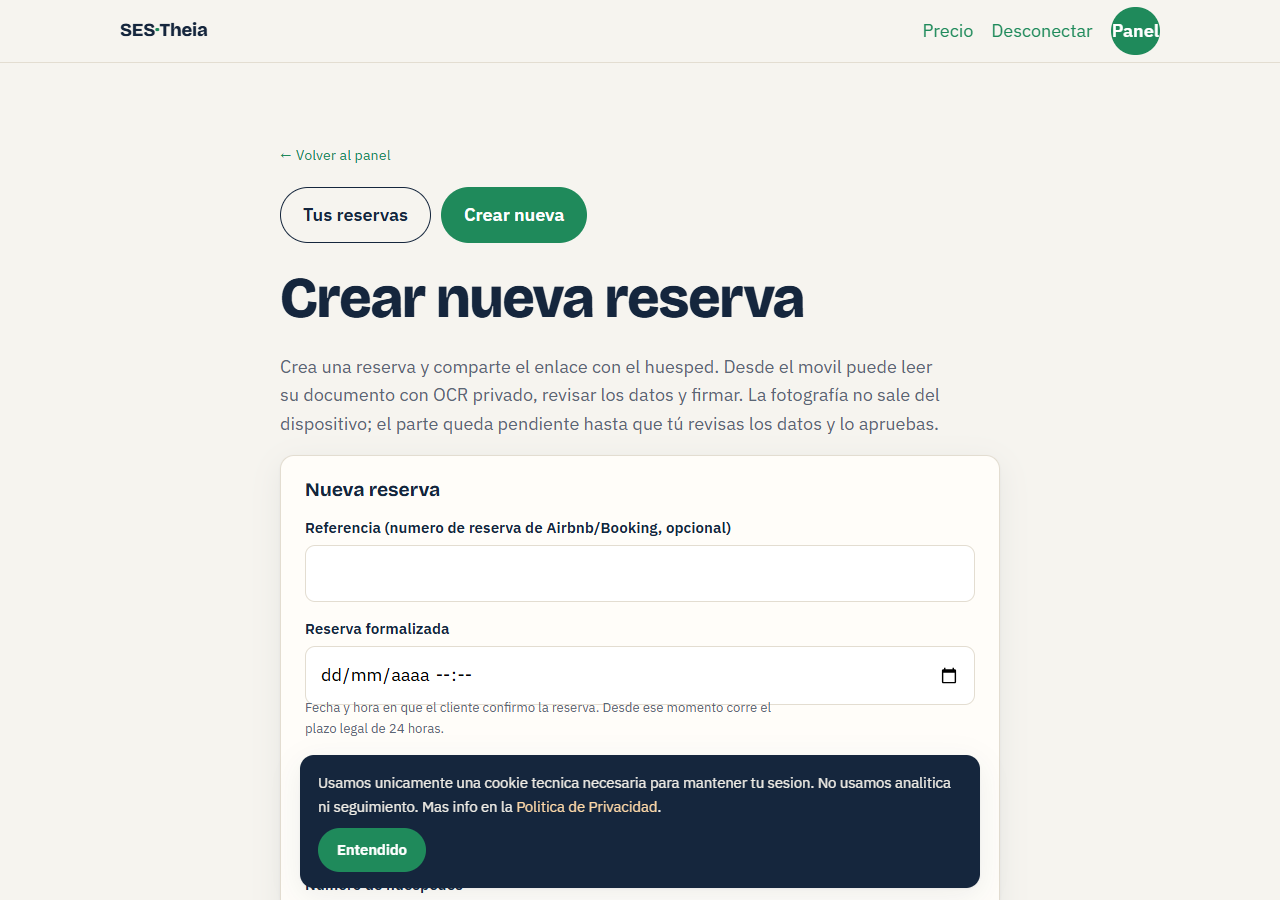 Panel de Registro Viajeros para crear una nueva reserva
